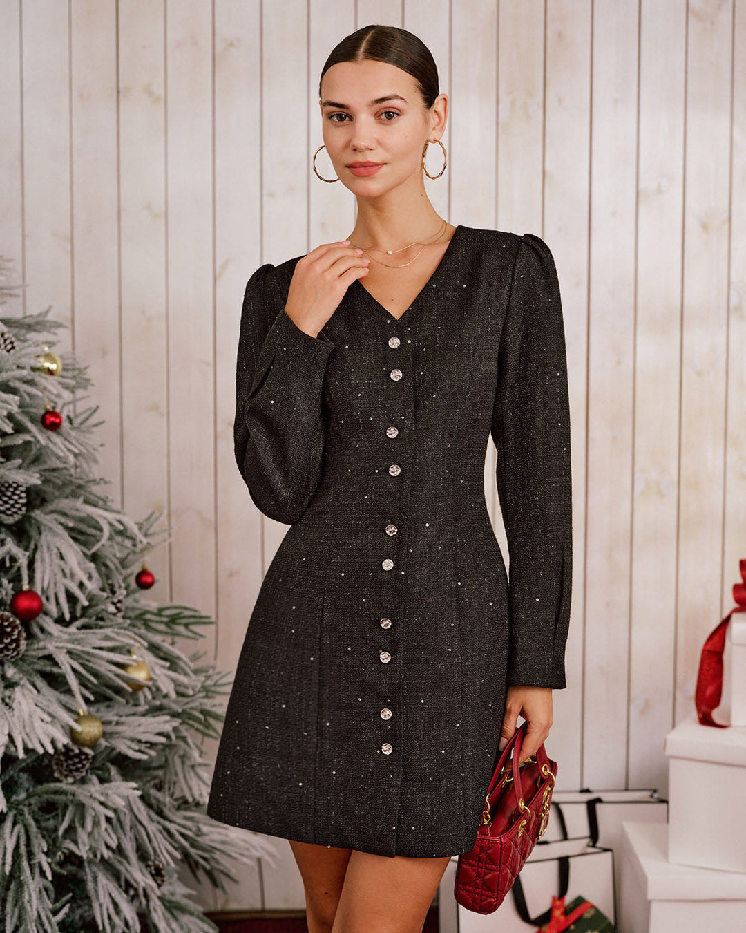 Morgan and Brooke | Black V Neck Sequin Mini Dress