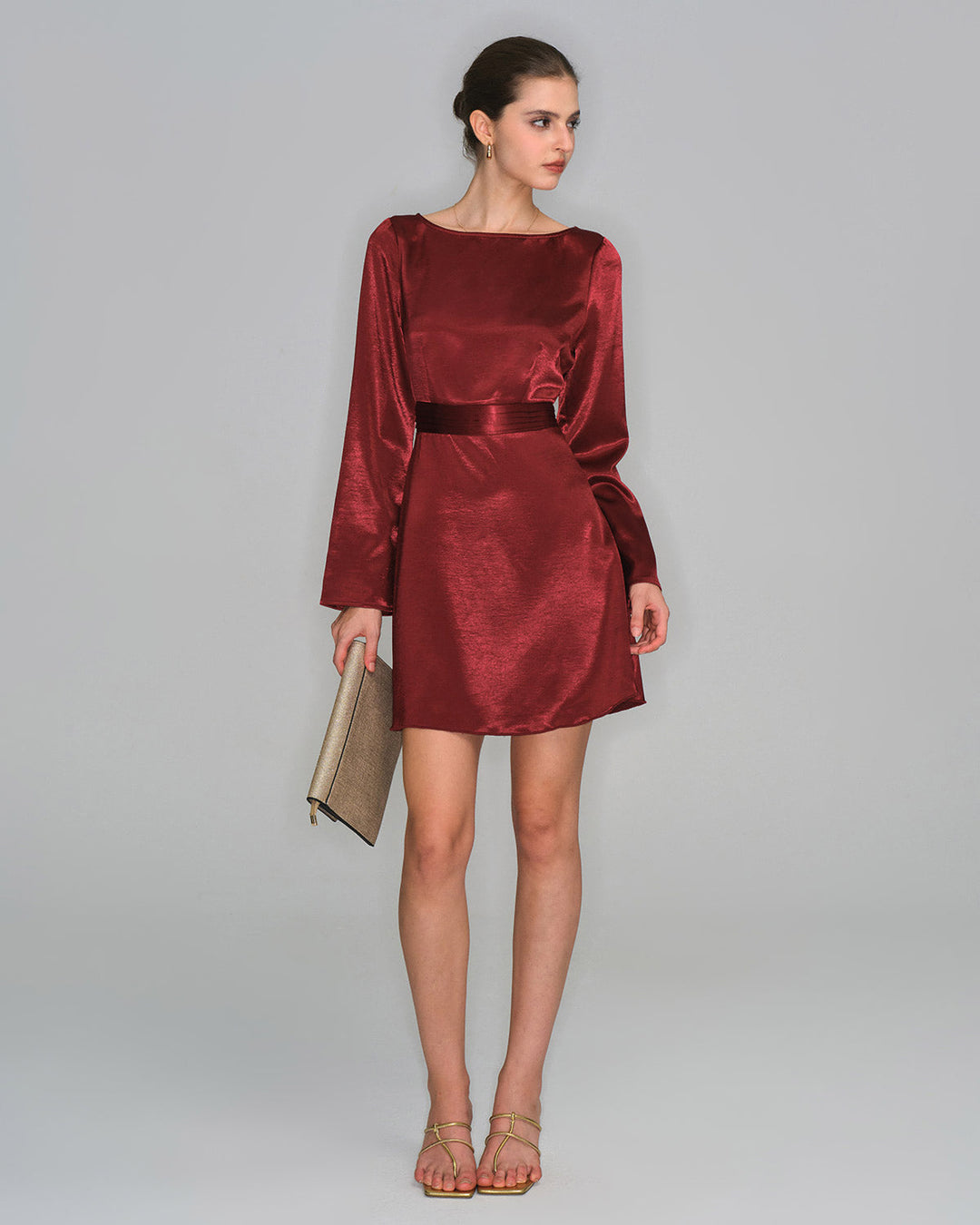 Morgan and Brooke | Satin Bell Sleeve Mini Dress for Women in Wine Red