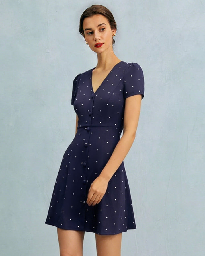 Morgan and Brooke | V Neck Polka Dot Button Mini Dress, Blue