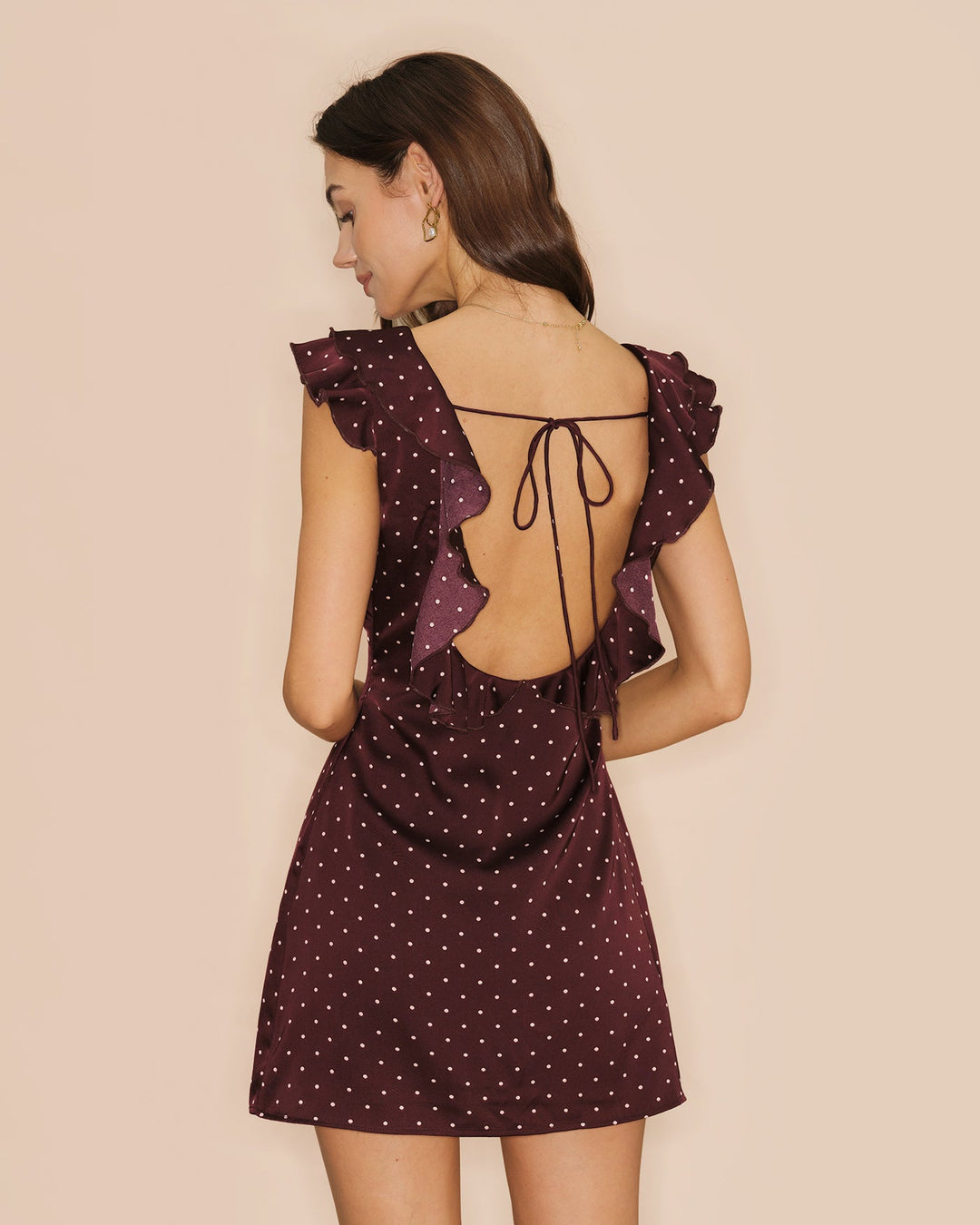 Morgan and Brooke | V Neck Polka Dot Satin Mini Dress in Purple