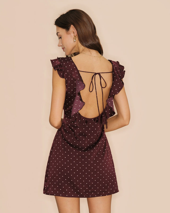 Morgan and Brooke | V Neck Polka Dot Satin Mini Dress in Purple