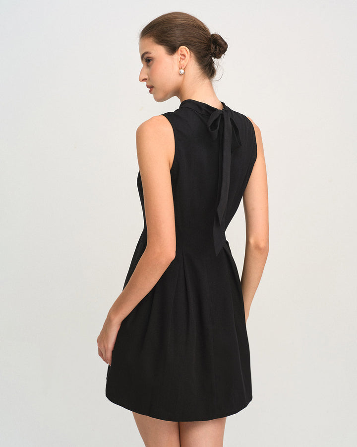 Morgan and Brooke | Black Mock Neck Ruched Sleeveless Mini Dress