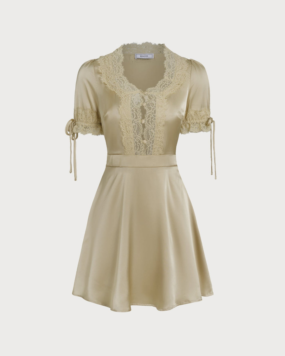 Morgan and Brooke | V Neck Lace Satin Mini Dress for Women in Apricot