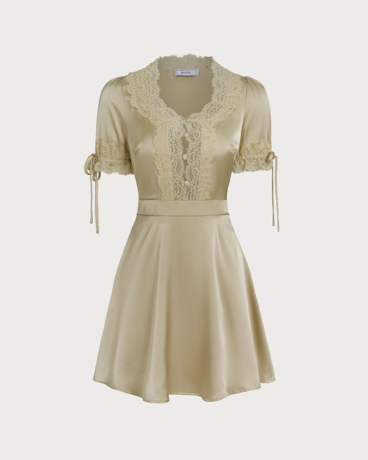 Morgan and Brooke | V Neck Lace Satin Mini Dress for Women in Apricot