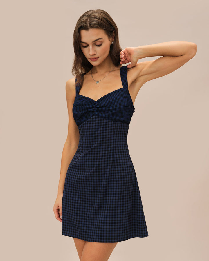 Morgan and Brooke | Plaid Mini Dress for Women in Blue with Sweetheart Neckline