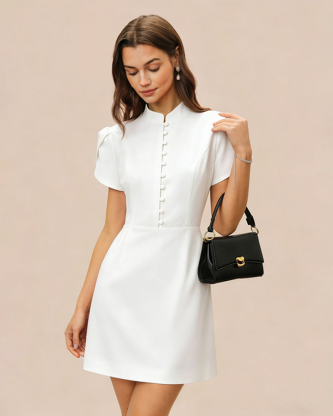 Morgan and Brooke | White Mandarin Collar Mini Dress