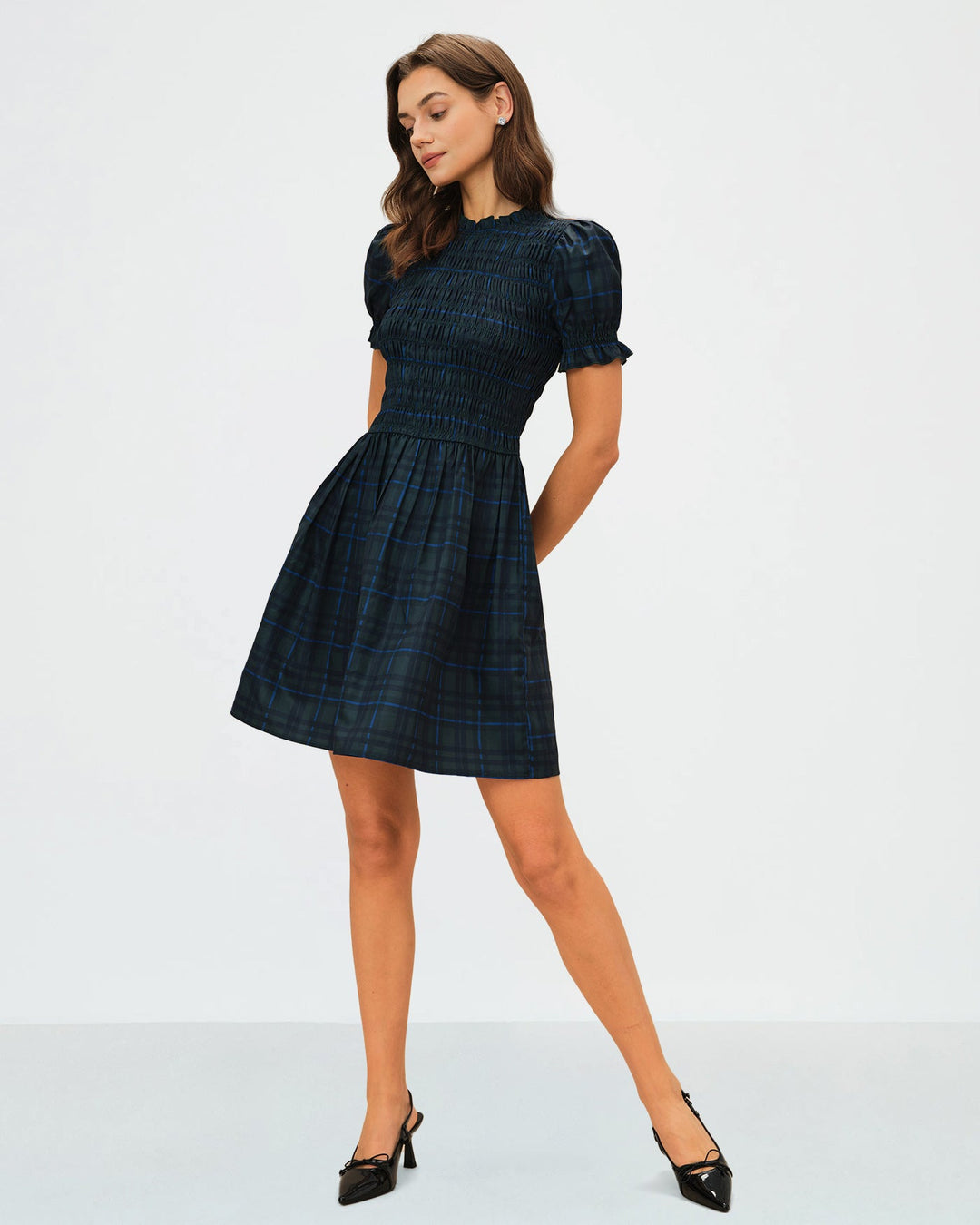 Morgan and Brooke | Green Plaid Puffed Sleeve Mini Dress