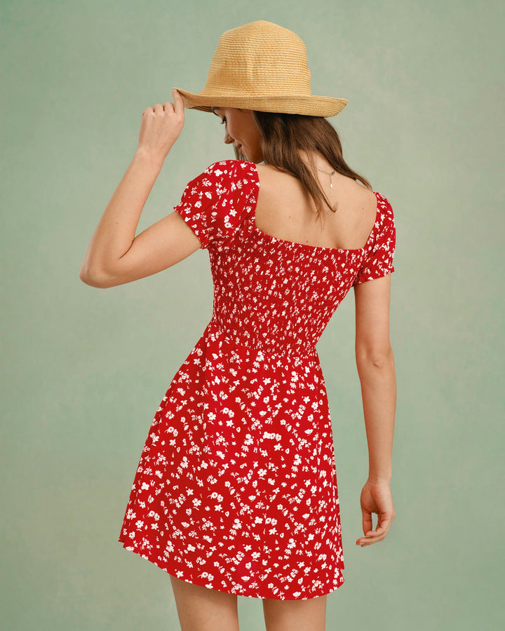 Morgan and Brooke | Floral Mini Dress for Women in Red with Square Neck