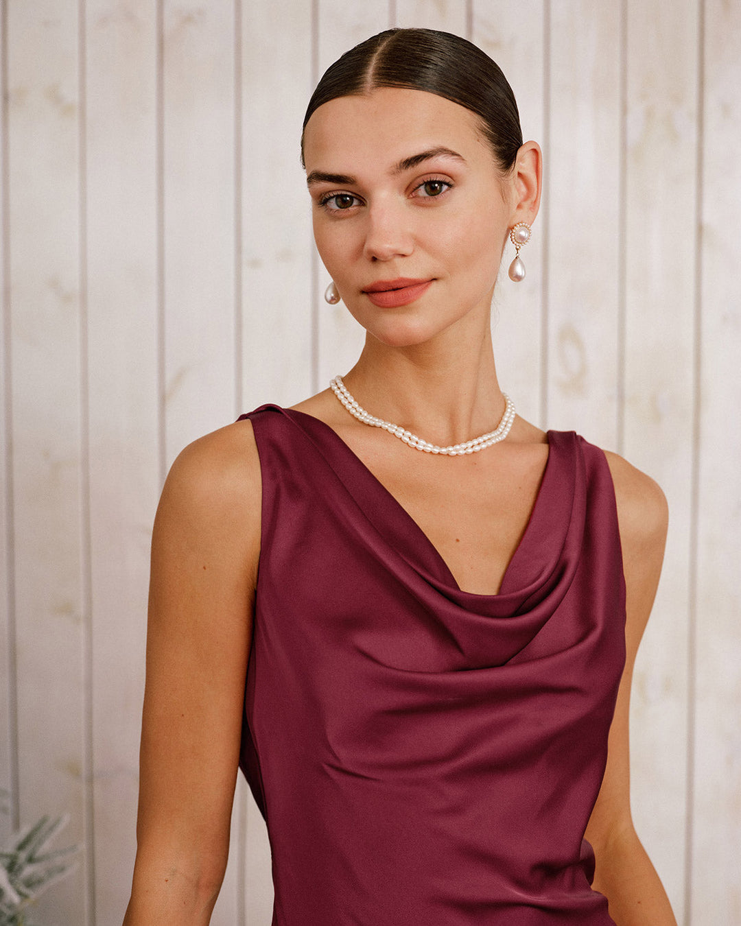 Morgan and Brooke | Satin Cowl Neck Mini Dress for Women in Wine Red