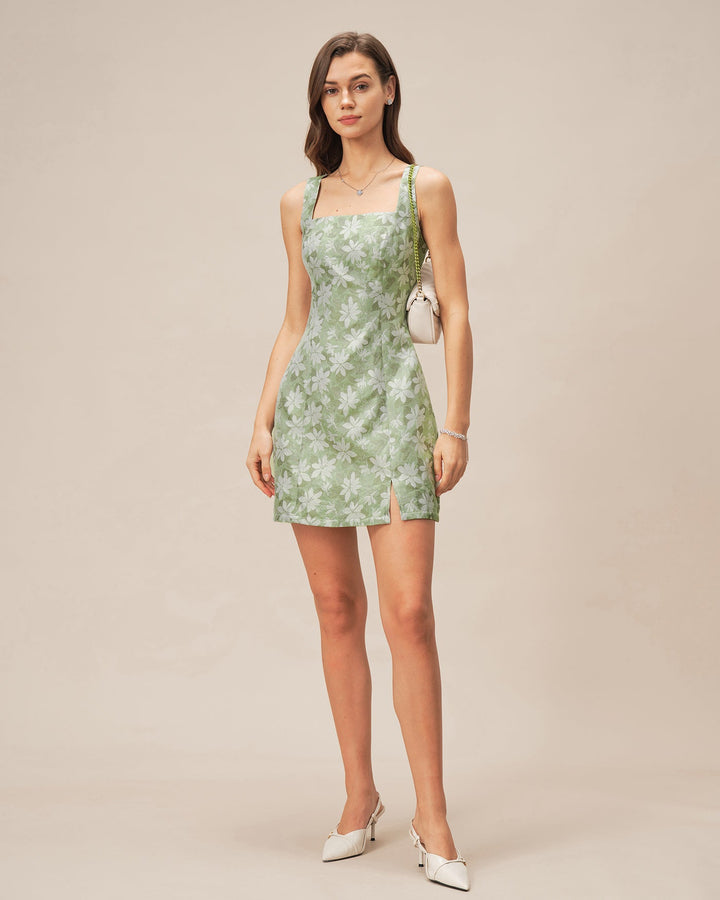 Morgan and Brooke | Floral Mini Dress for Women in Green with Square Neck and Slit