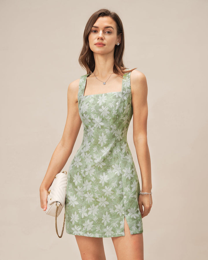 Morgan and Brooke | Floral Mini Dress for Women in Green with Square Neck and Slit
