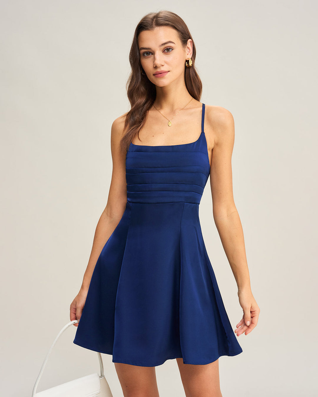 Morgan and Brooke | Satin Pleated Mini Dress for Women in Navy