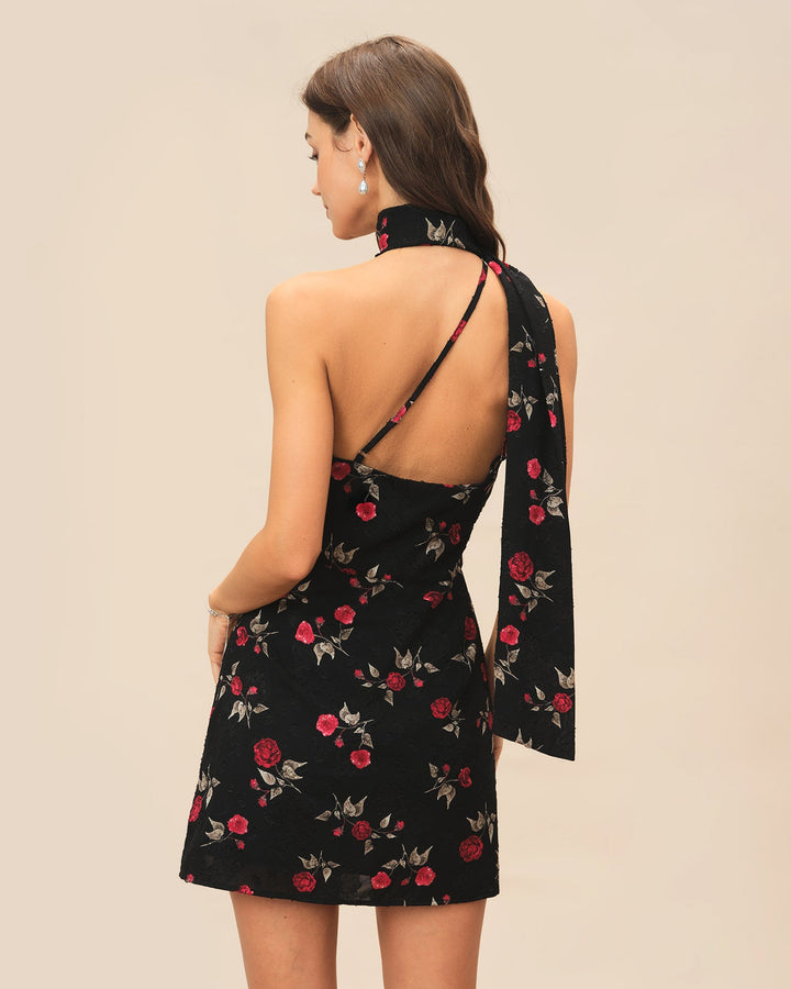 Morgan and Brooke | One Shoulder Mini Dress in Black Jacquard
