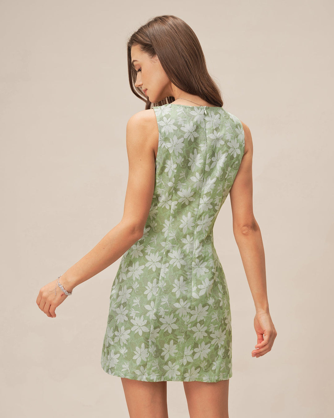 Morgan and Brooke | Floral Mini Dress for Women in Green with Square Neck and Slit