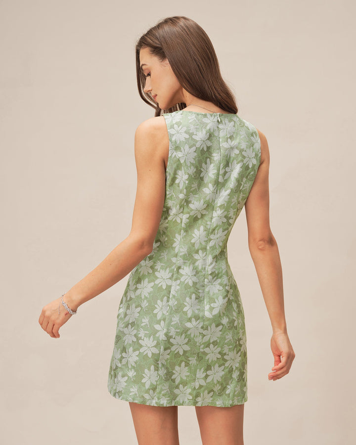 Morgan and Brooke | Floral Mini Dress for Women in Green with Square Neck and Slit