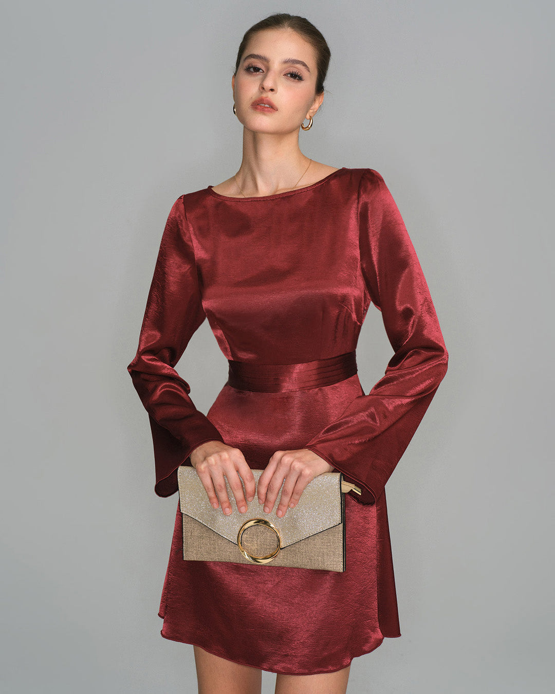 Morgan and Brooke | Satin Bell Sleeve Mini Dress for Women in Wine Red