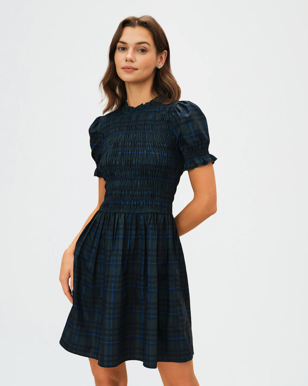 Morgan and Brooke | Green Plaid Puffed Sleeve Mini Dress