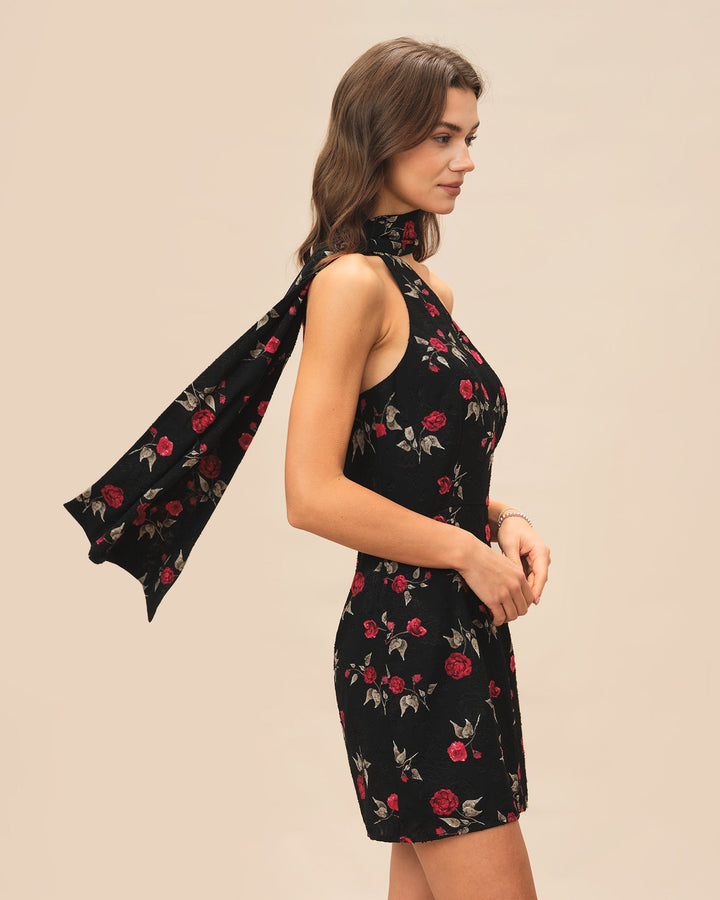 Morgan and Brooke | One Shoulder Mini Dress in Black Jacquard