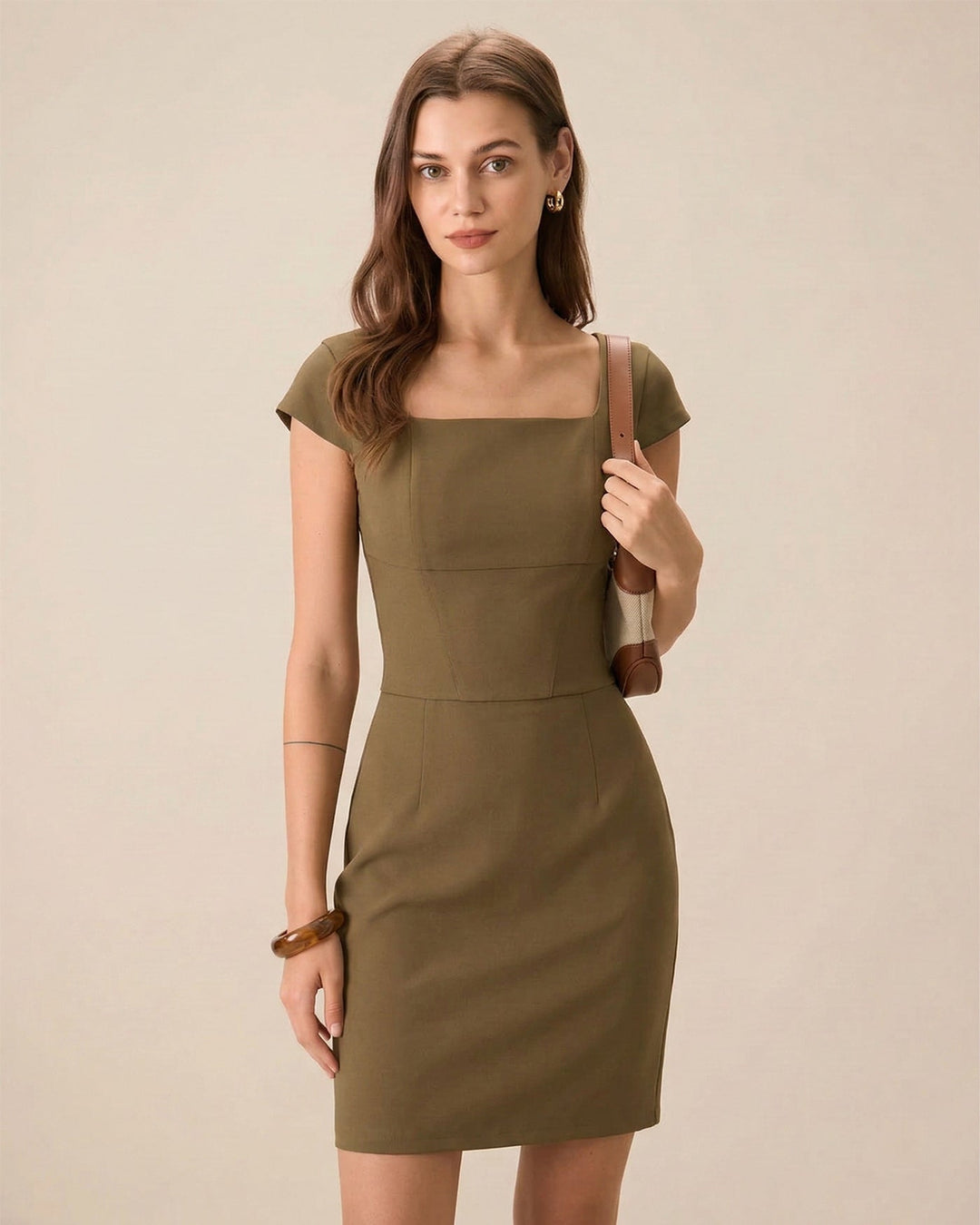 Morgan and Brooke | Brown Square Neck Cap Sleeve Mini Dress