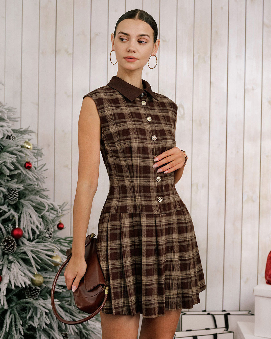 Morgan and Brooke | Brown Plaid Pleated Mini Dress