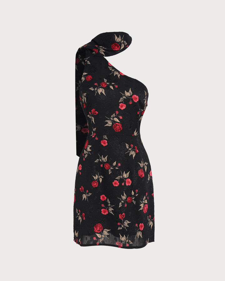 Morgan and Brooke | One Shoulder Mini Dress in Black Jacquard