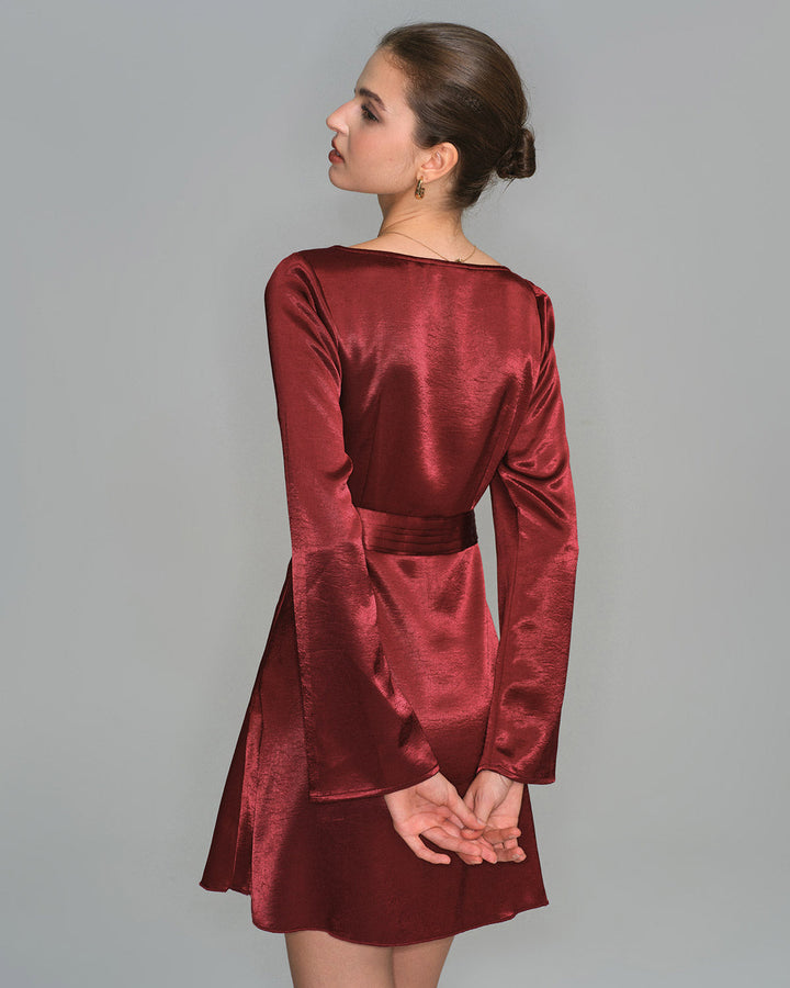 Morgan and Brooke | Satin Bell Sleeve Mini Dress for Women in Wine Red