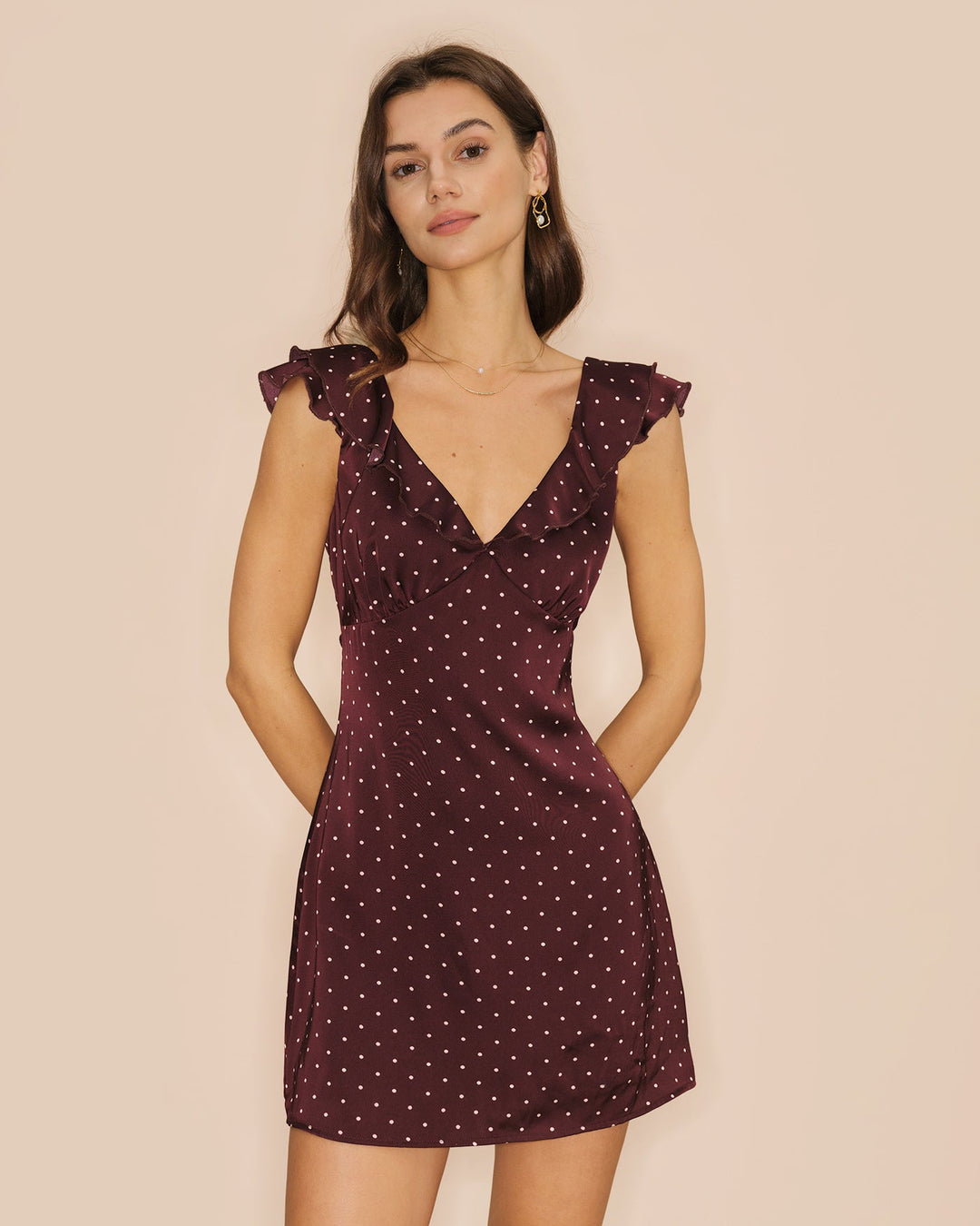 Morgan and Brooke | V Neck Polka Dot Satin Mini Dress in Purple