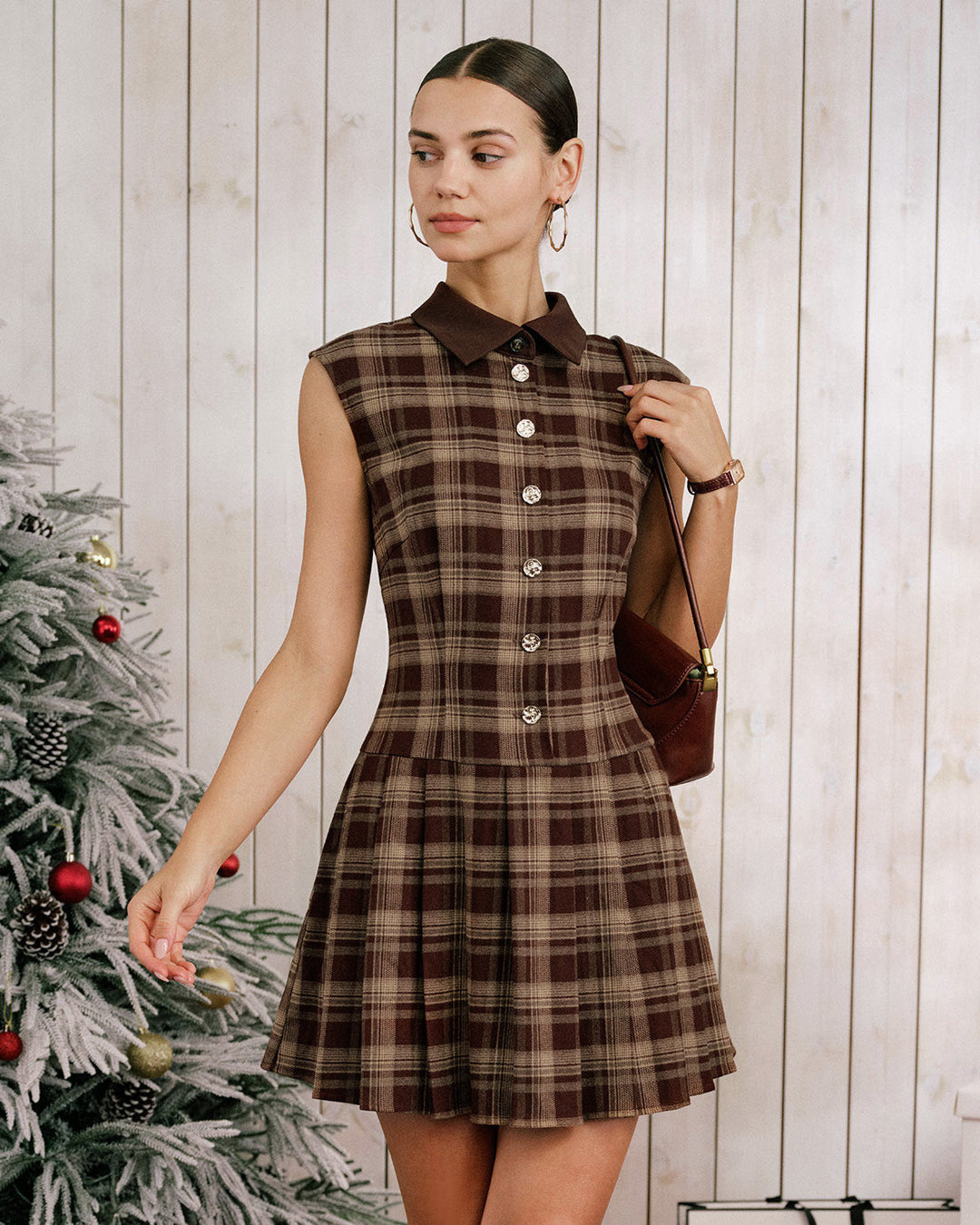 Morgan and Brooke | Brown Plaid Pleated Mini Dress
