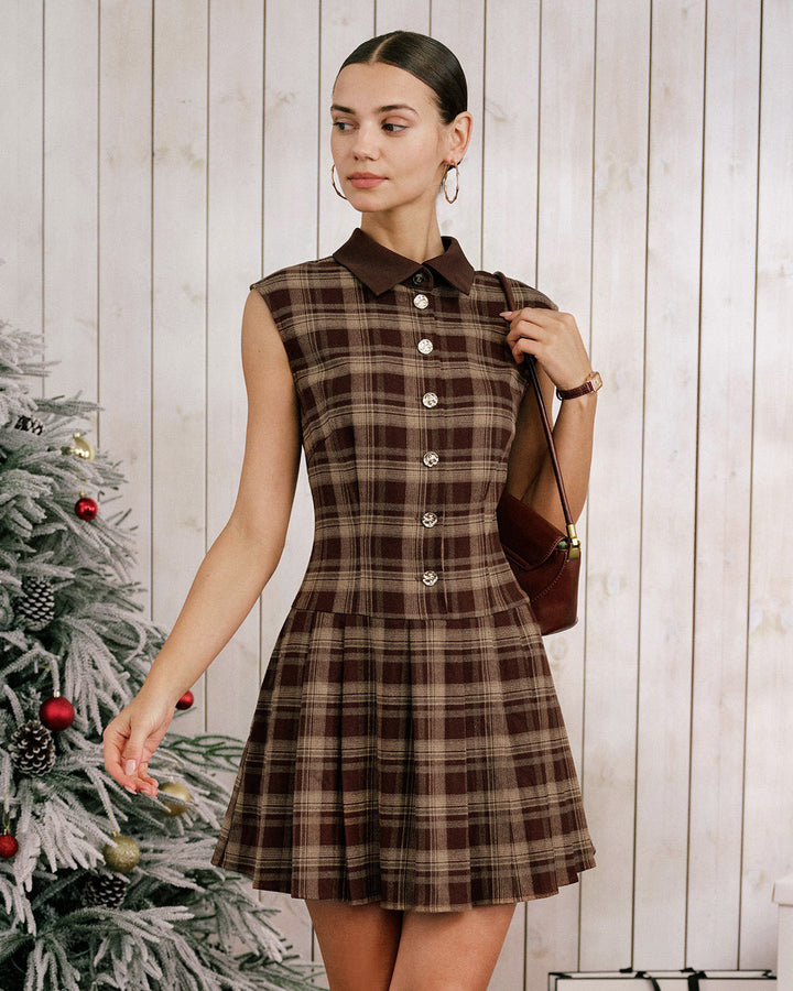Morgan and Brooke | Brown Plaid Pleated Mini Dress