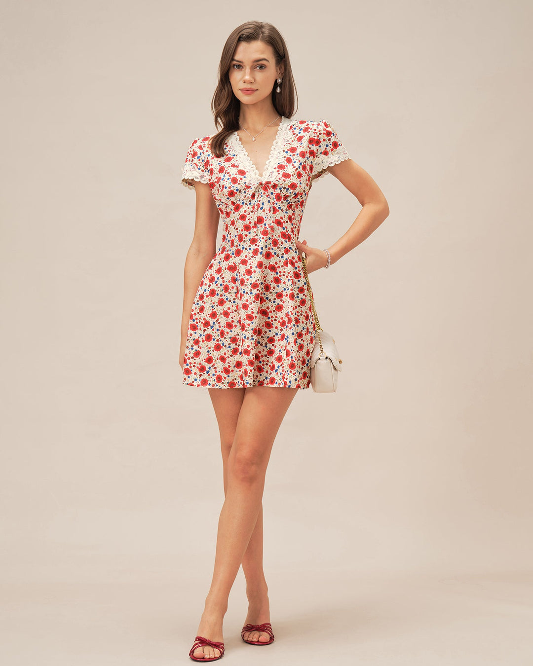 Morgan and Brooke | Floral Lace Mini Dress for Women in Red