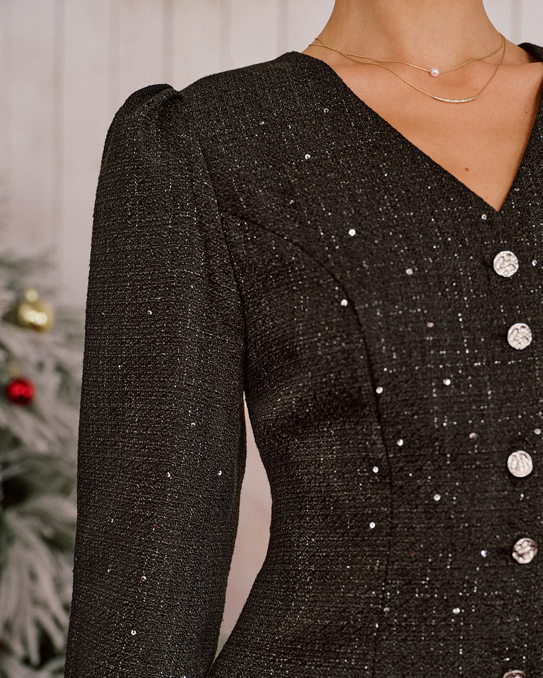 Morgan and Brooke | Black V Neck Sequin Mini Dress