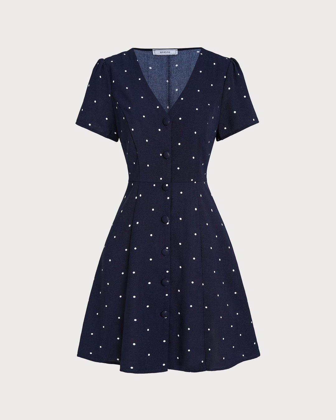Morgan and Brooke | V Neck Polka Dot Button Mini Dress, Blue