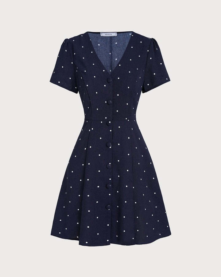 Morgan and Brooke | V Neck Polka Dot Button Mini Dress, Blue