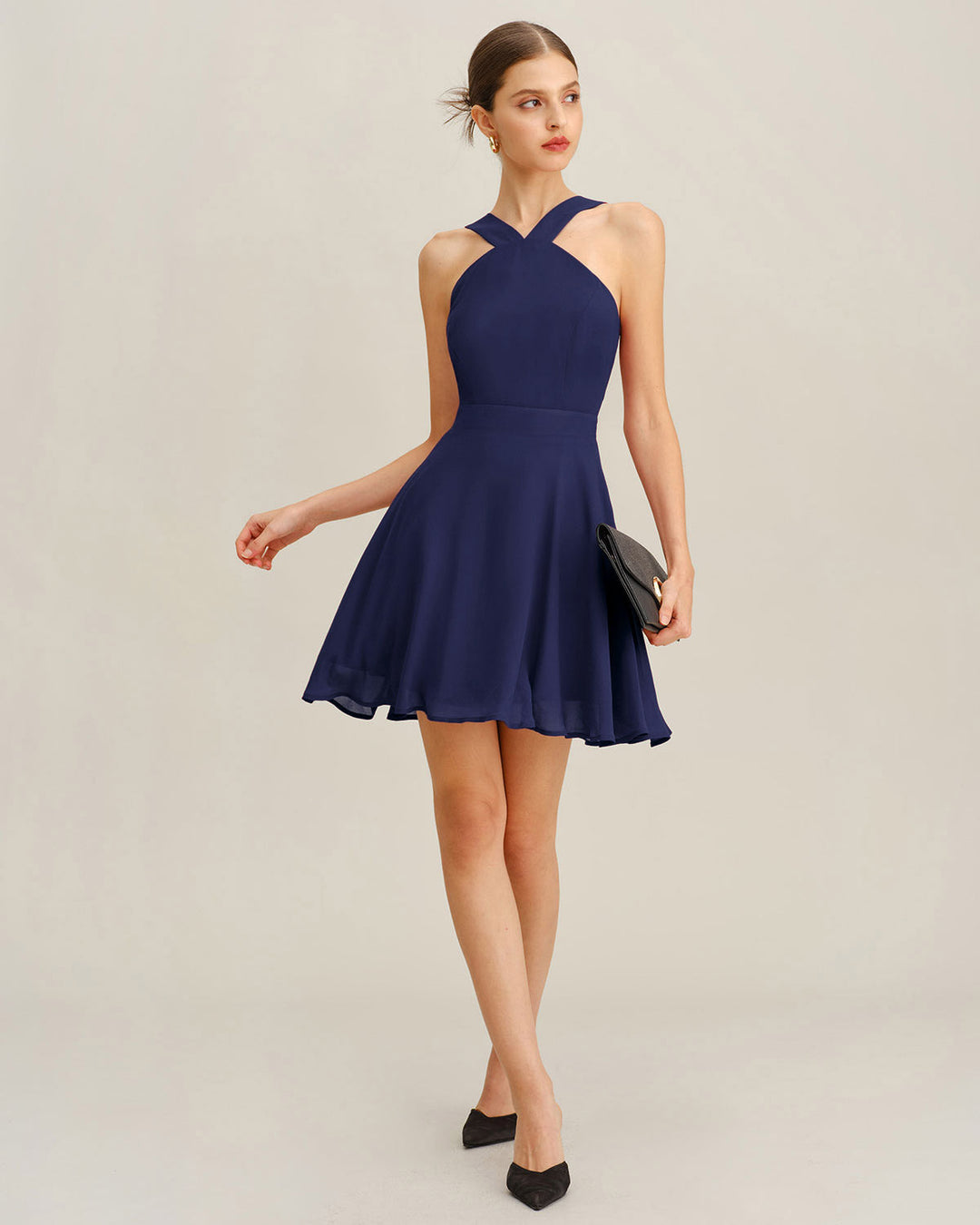 Morgan and Brooke | Chiffon A-Line Mini Dress in Navy