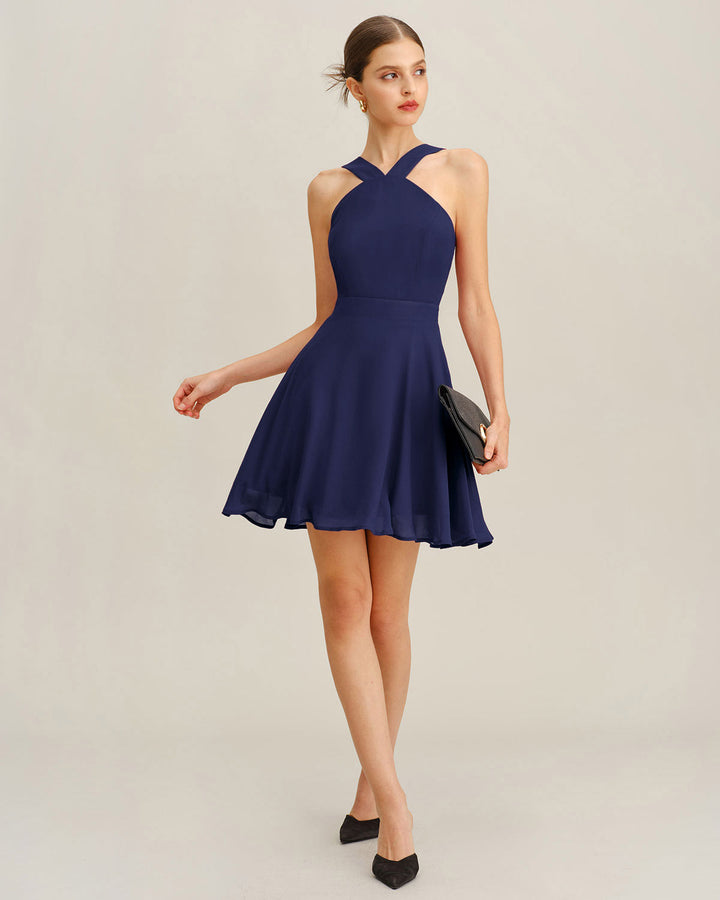 Morgan and Brooke | Chiffon A-Line Mini Dress in Navy
