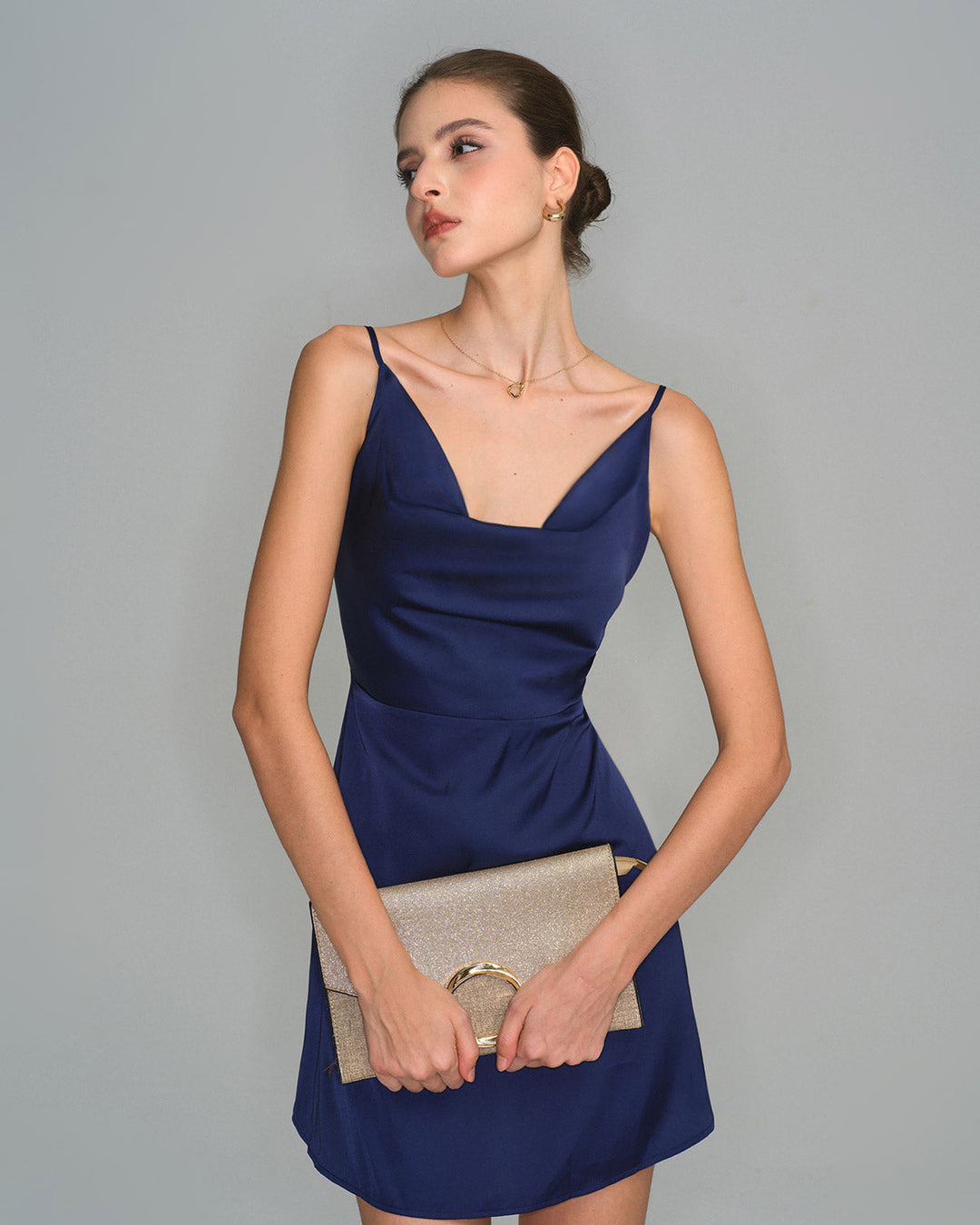 Morgan and Brooke | Navy Satin Cowl Neck Mini Dress