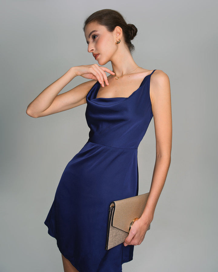 Morgan and Brooke | Navy Satin Cowl Neck Mini Dress