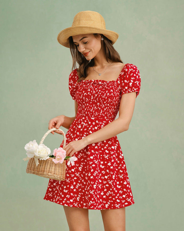 Morgan and Brooke | Floral Mini Dress for Women in Red with Square Neck