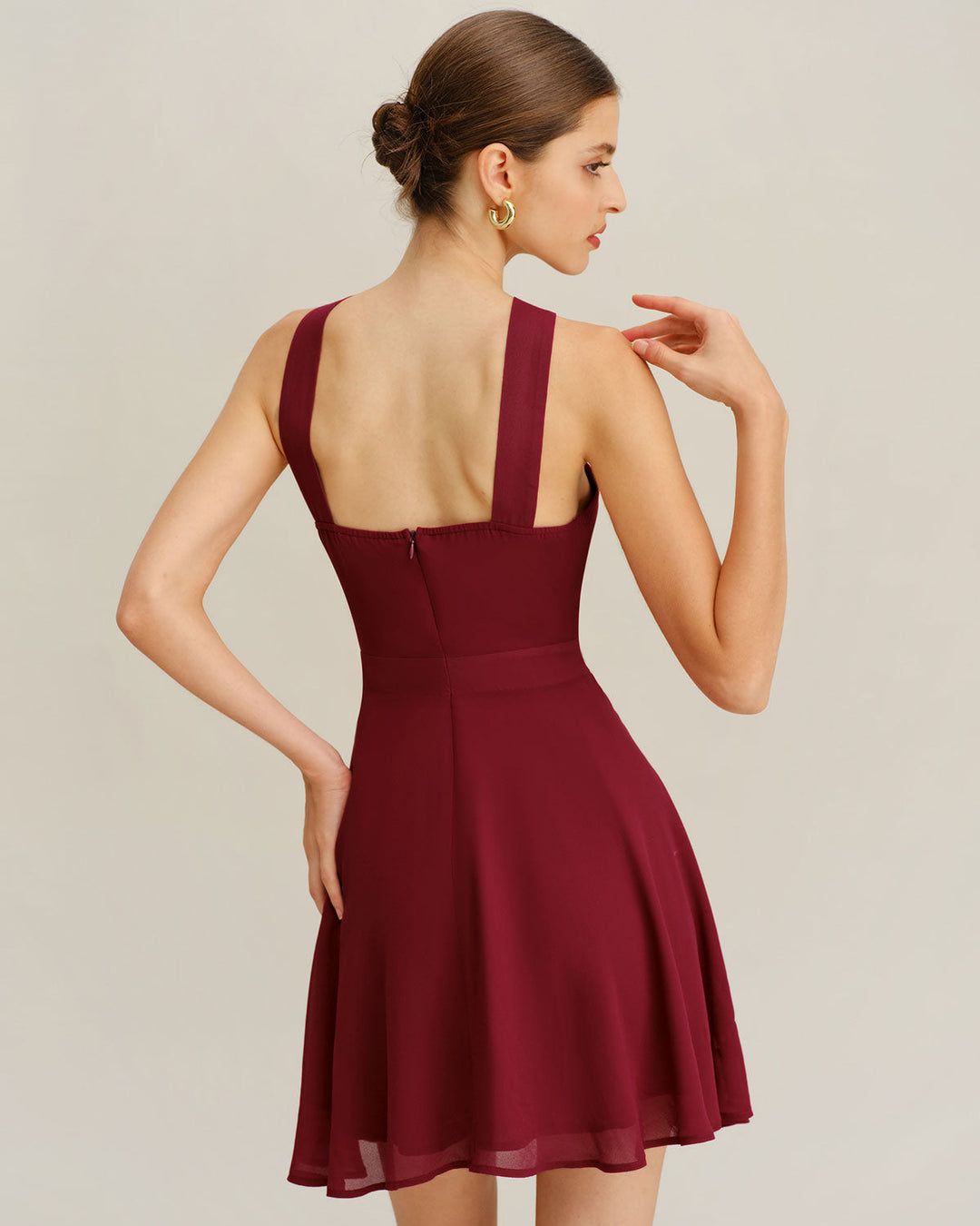Morgan and Brooke | Chiffon A-Line Mini Dress for Women in Wine Red