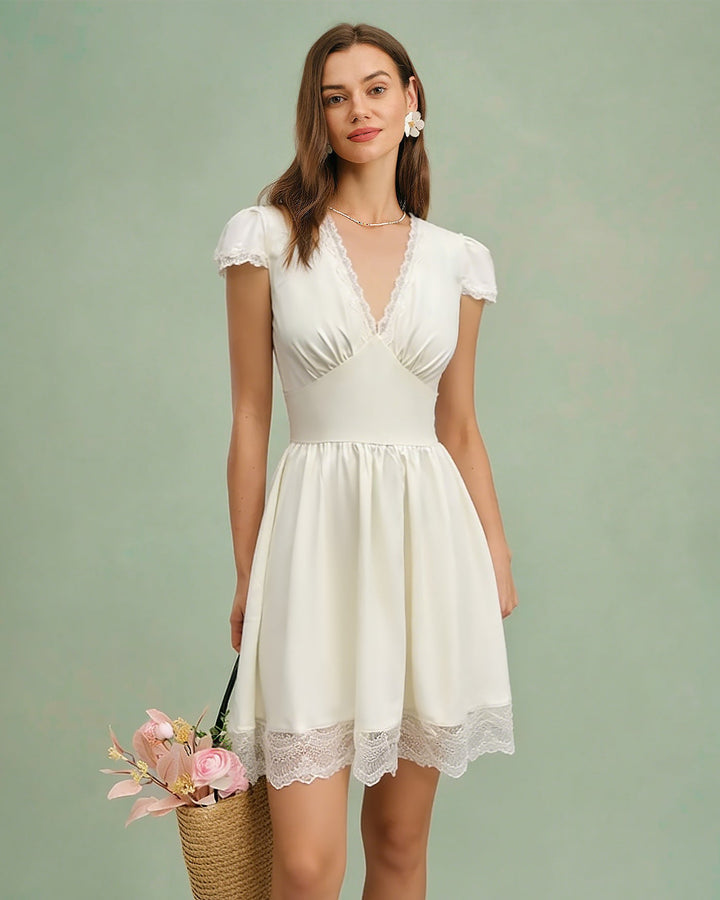 Morgan and Brooke | V Neck Lace Splicing Mini Dress for Women in Apricot