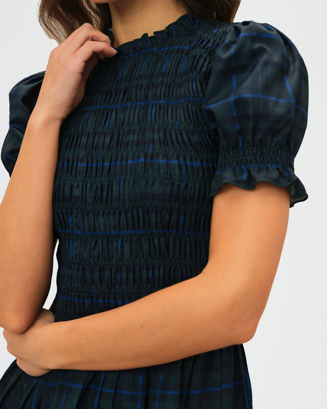 Morgan and Brooke | Green Plaid Puffed Sleeve Mini Dress