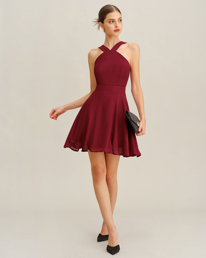 Morgan and Brooke | Chiffon A-Line Mini Dress for Women in Wine Red