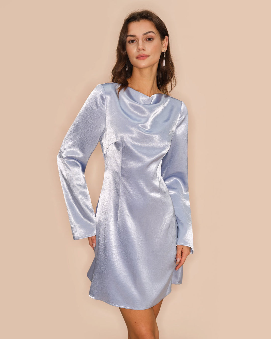 Morgan and Brooke | Satin Mini Dress for Women in Blue with Bell Sleeves
