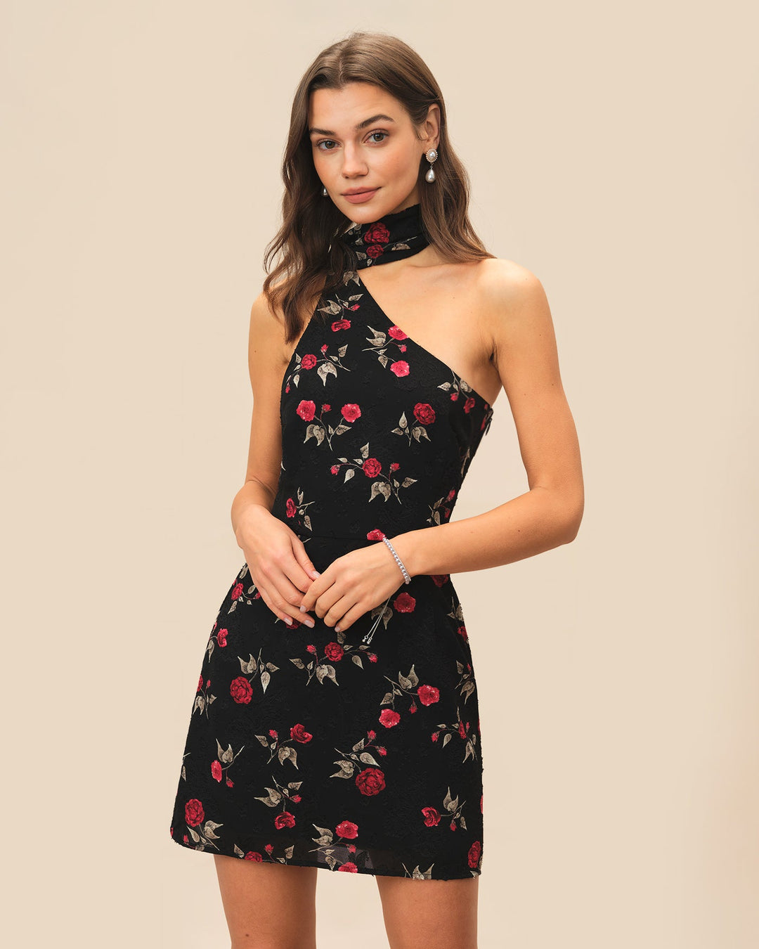 Morgan and Brooke | One Shoulder Mini Dress in Black Jacquard