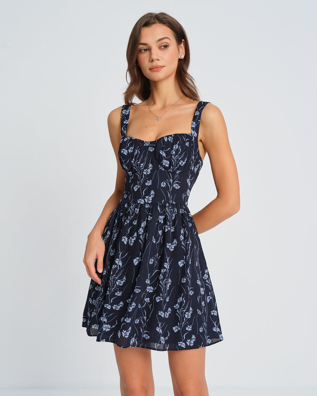 Morgan and Brooke | Floral Mini Dress for Women in Navy with Sweetheart Neck