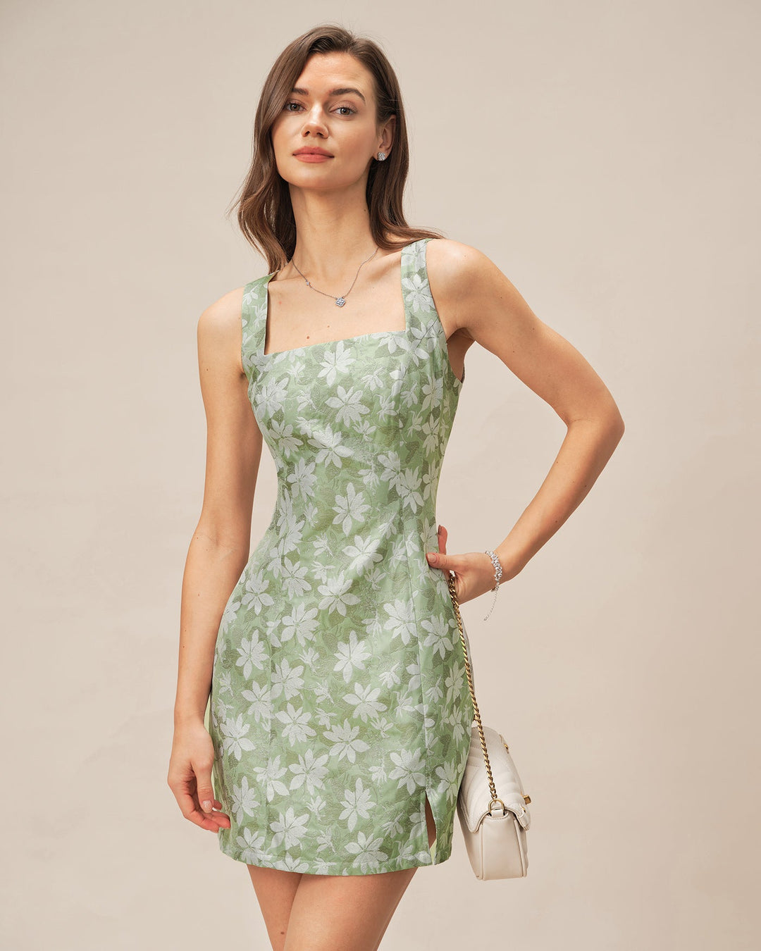 Morgan and Brooke | Floral Mini Dress for Women in Green with Square Neck and Slit