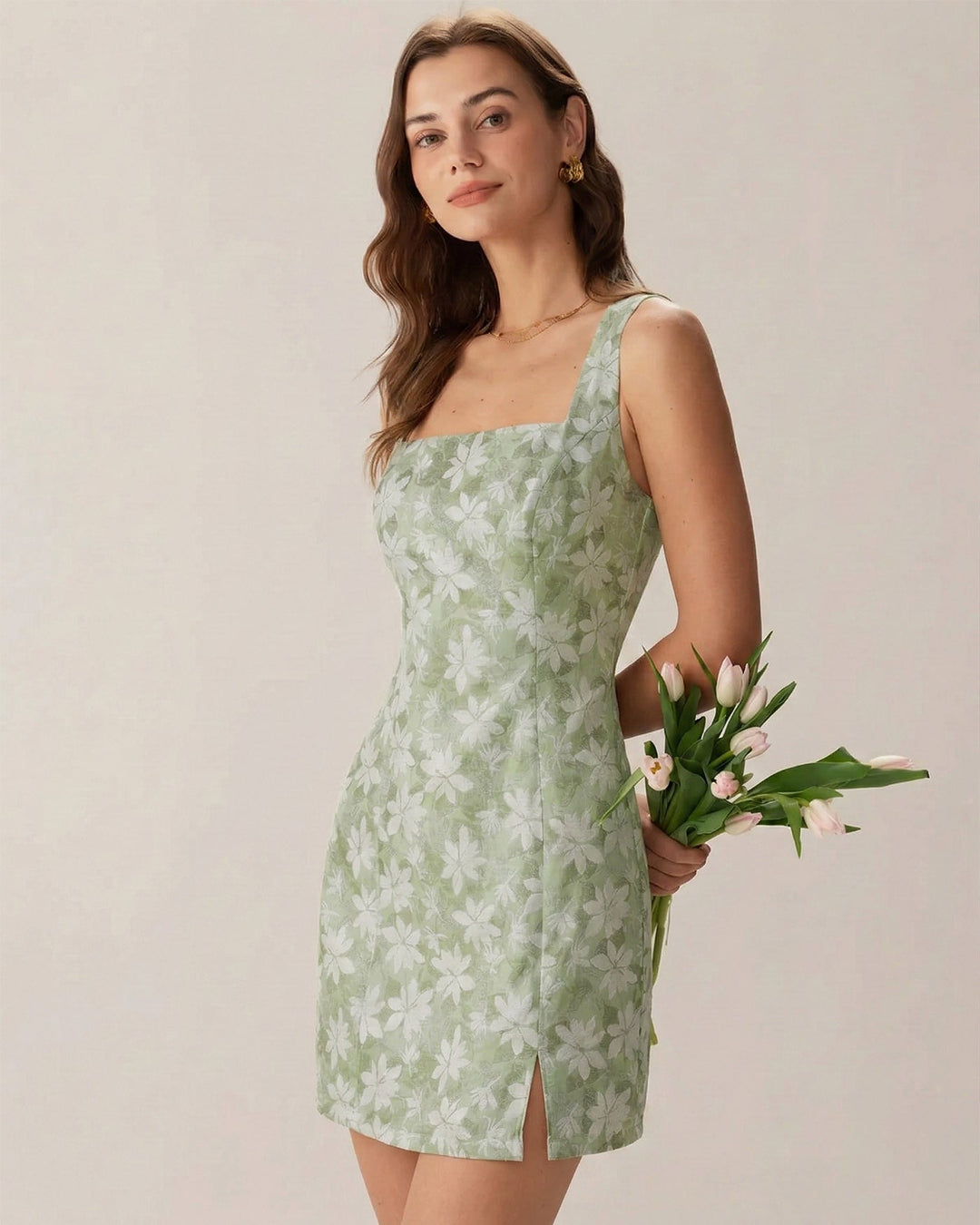 Morgan and Brooke | Floral Mini Dress for Women in Green with Square Neck and Slit