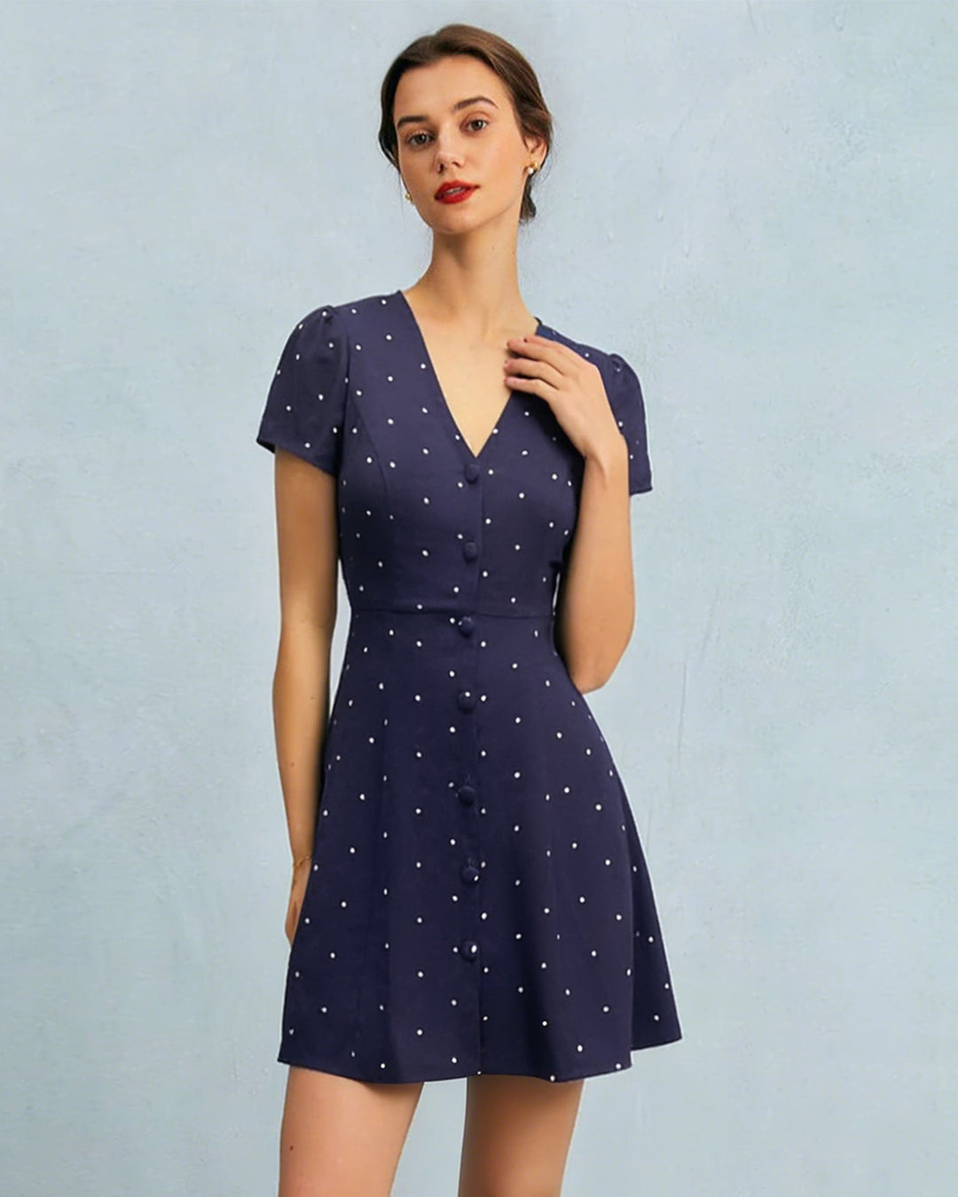 Morgan and Brooke | V Neck Polka Dot Button Mini Dress, Blue