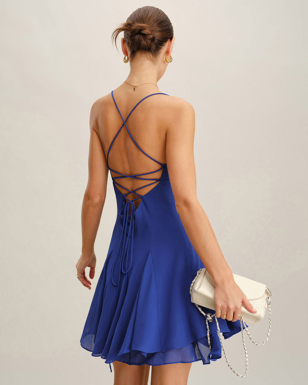 Morgan and Brooke | Chiffon Backless Mini Dress for Women in Blue