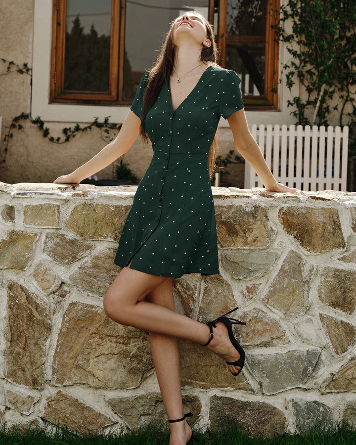 Morgan and Brooke | V Neck Polka Dot Mini Dress for Women in Green